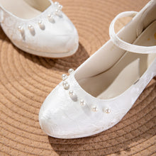 Load image into Gallery viewer, Women's Jacquard Mary Jane Platform Heels | Pearl Bow Waterproof Wedding Shoes