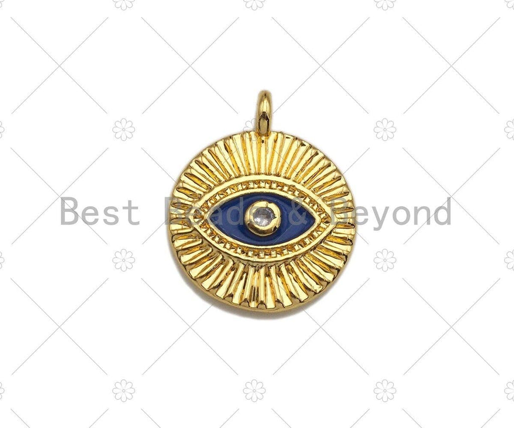 Cobalt Enamel CZ Micro Pave Evil Eye on Disc Pendant/Charm, Lucky eye Cubic Zirconia Pendant, Evil Eye Charm,13x15mm,Sku#L306