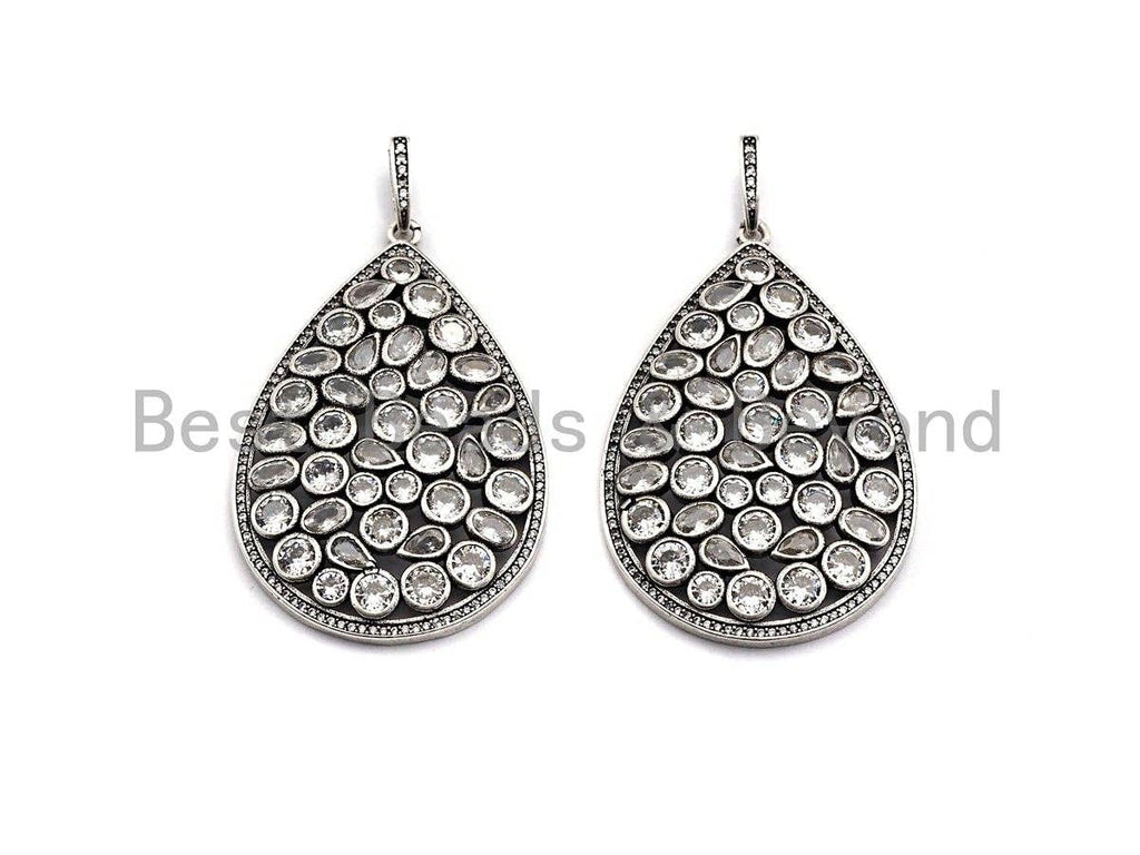 CZ Micro Pave Teardrop Pendant, Antique Silver Tone, Cubic Zirconia Pave Big Teardrop Charm Pendant, 36x55mm,sku#F1007