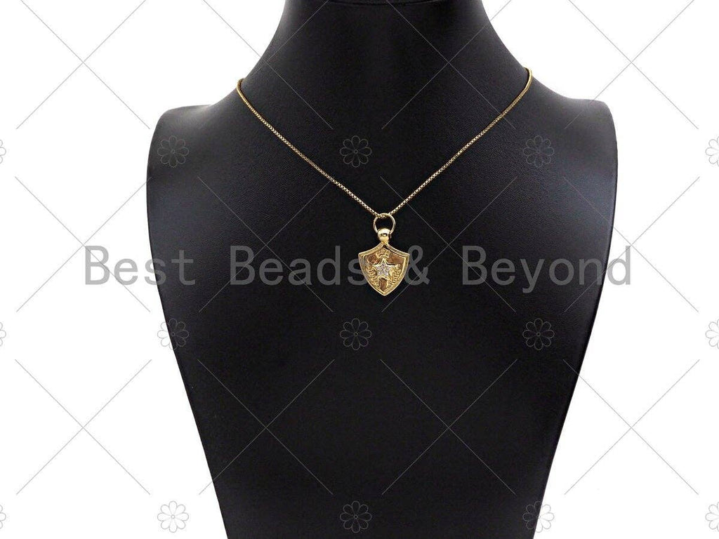 CZ Micro Pave Five Star Crown On Shield  Shape Pendant/Charm,Cubic Zirconia Charm, Shield Necklace Bracelet Charm Pendant,19x25mm, Sku#L473