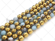 Load image into Gallery viewer, Half Gold Plated Blue White Agate Beads, 8mm/10mm/12mm Round Faceted Gold Blue White Agate, 15.5 Full Strand, sku# UA139