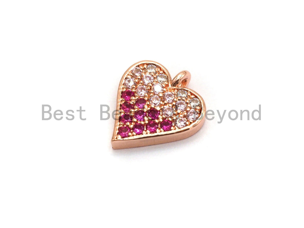 CZ Micro Pave Multi Fuchsia Pink Color Heart Shape Charm, Cubic Zirconia Pendant, Silver/Gold/Rose Gold/Gunmental Plated,10x12mm, Sku#B118