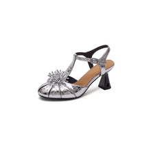 Load image into Gallery viewer, Women's Crystal Embellished Mary Jane Heeled Sandals | Genuine Leather T-Strap Closed-Toe Pumps
