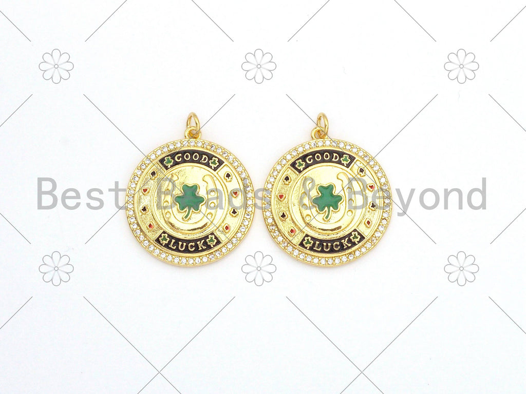 CZ Micro Pave Green Enamel Leaf  On Round Medallion Shape Pendant,18K Gold Filled Good Luck Charm, Necklace Bracelet Charm,25x28mm,Sku#LK380
