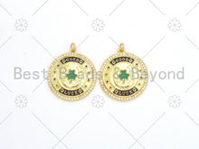 Load image into Gallery viewer, CZ Micro Pave Green Enamel Leaf  On Round Medallion Shape Pendant,18K Gold Filled Good Luck Charm, Necklace Bracelet Charm,25x28mm,Sku#LK380