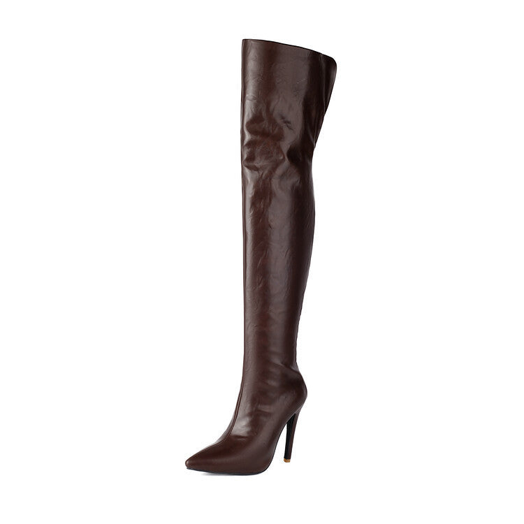 Women's Over-the-Knee Patent Leather Stiletto Boots | Pointed Toe Back-Zip | Black Yellow Brown