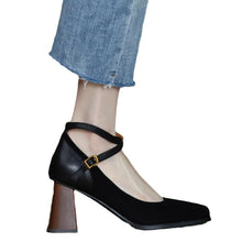 Load image into Gallery viewer, Women's Retro Chunky Heel Suede Pumps | Square Toe High Heels | Brown &amp; Black