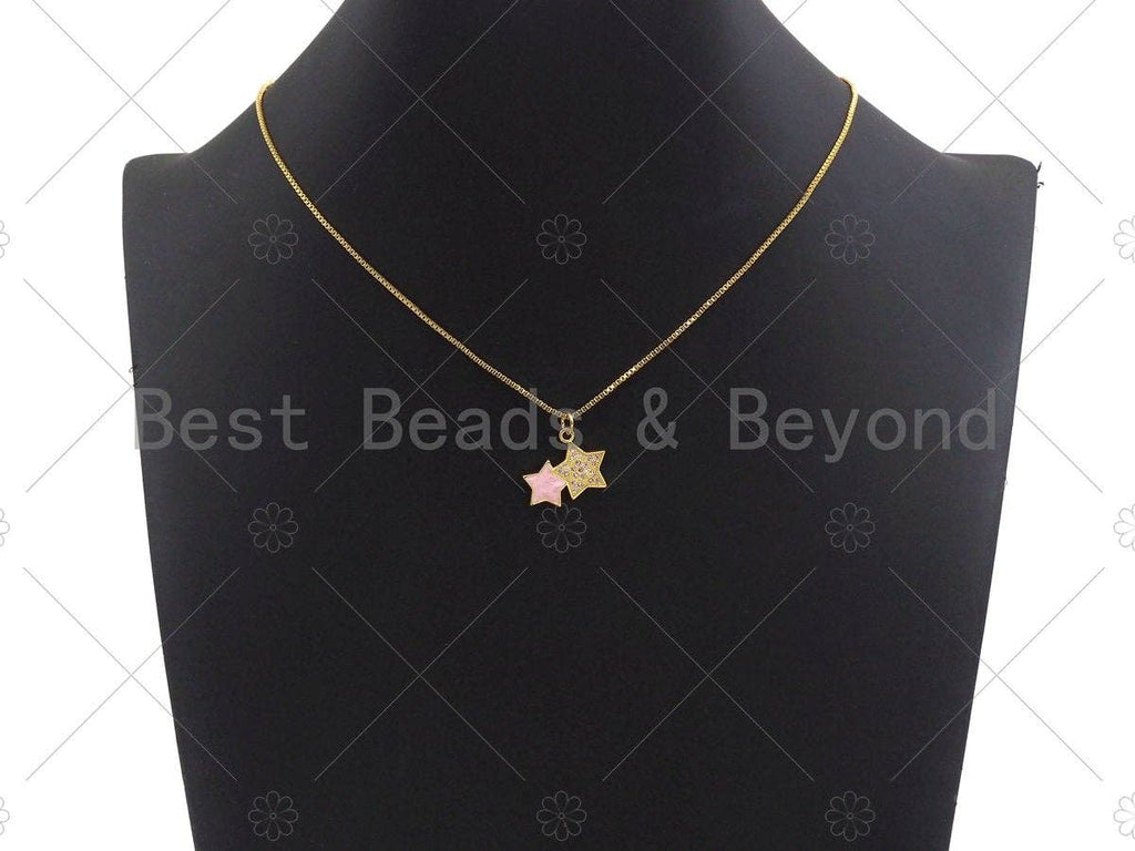 Two Star Pink Pendant/Charm, Pink Mother-of-pearl Star Pendant, Cubic Zirconia Pendant, Gold Tone, 18x15mm, Sku#LK68