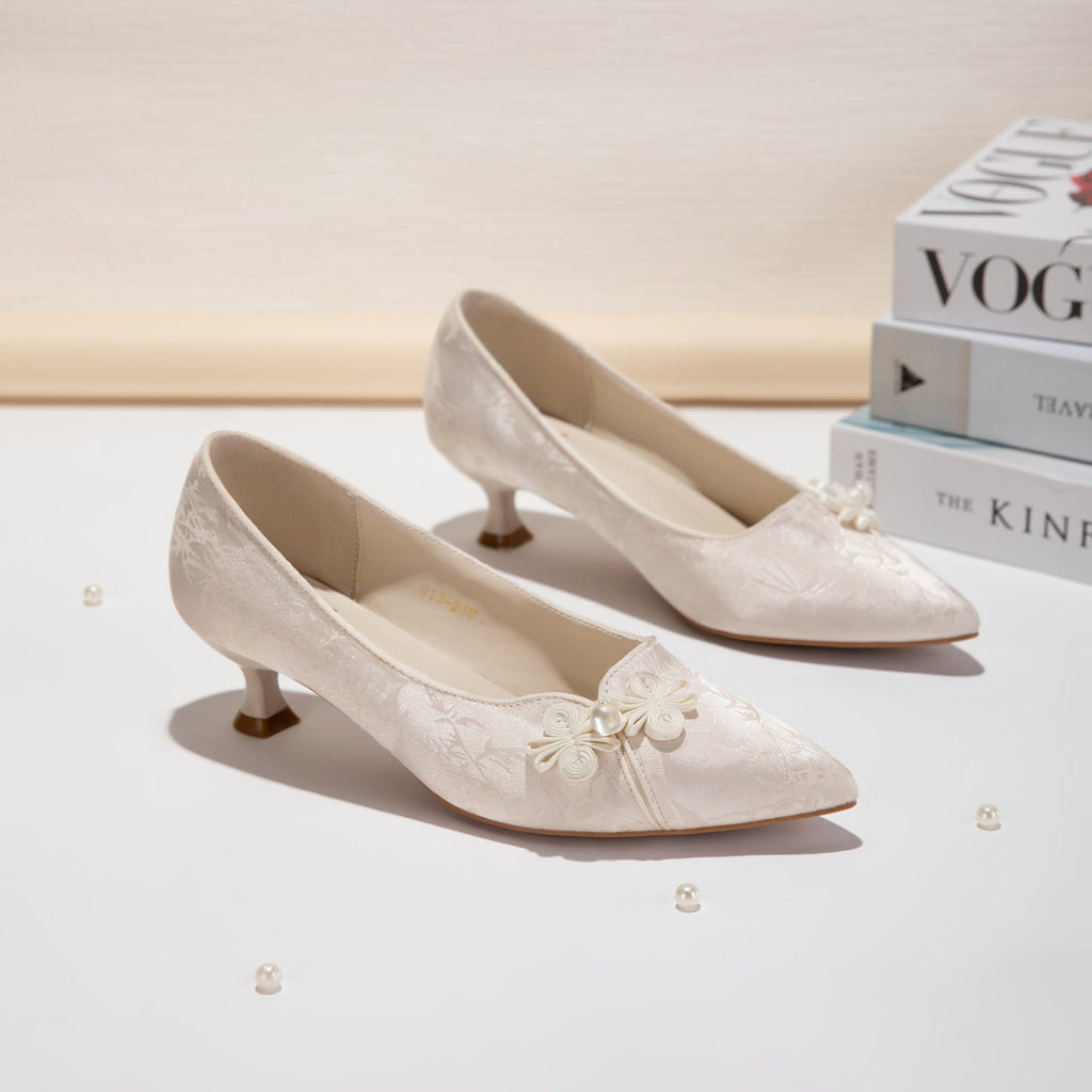 Women's Jacquard Pointed-Toe Kitten Heel Pumps | Floral Pearl Satin Dress Shoes