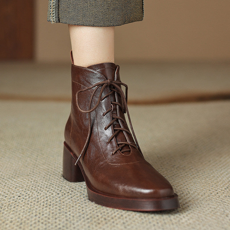 Retro Leather Lace-Up Side Zipper Ankle Boots