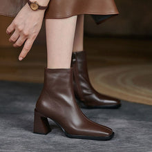 Load image into Gallery viewer, Women's Square Toe Chunky Heel Short Boots | Side Zipper PU Leather Fashion Boots