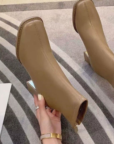 Women's Chunky Heel Ankle Boots – Back Zipper Round Toe Block Heel Booties in Khaki, Beige & Black
