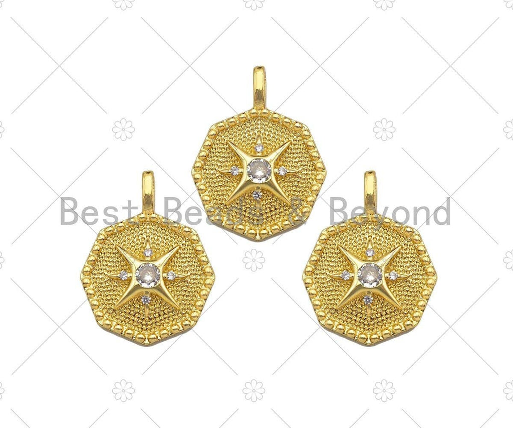 Big CZ Micro Pave North Star On Octagon Shape Pendant/Charm,Dainty Gold/Silver Charm, Necklace Bracelet Charm Pendant,19x25mm, Sku#B127