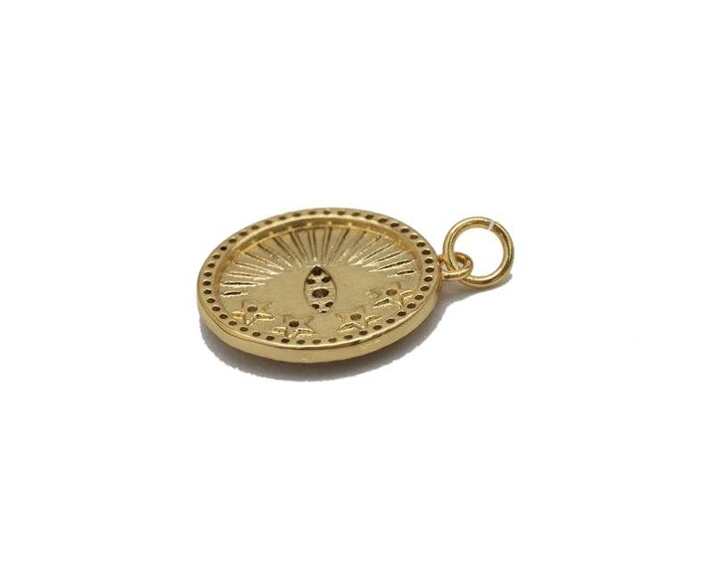 CZ Evil Eye Stars Round Gold Coin Charm, Sku#LX90