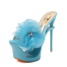 Load image into Gallery viewer, Women's Diamond-Embellished Chiffon Floral Open-Toe Heels | Satin-Trimmed Dress Shoes