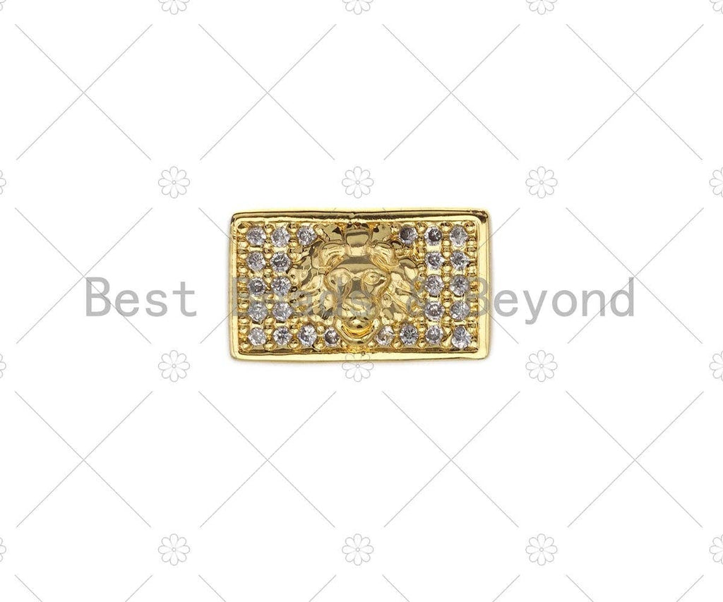 CZ Large Hole Embossment Lion Head Spacer Micro Pave Beads, Cubic Zirconia Cuboid Space Beads, Men's Bracelet Findings, 13x7mm, SKU#LD07