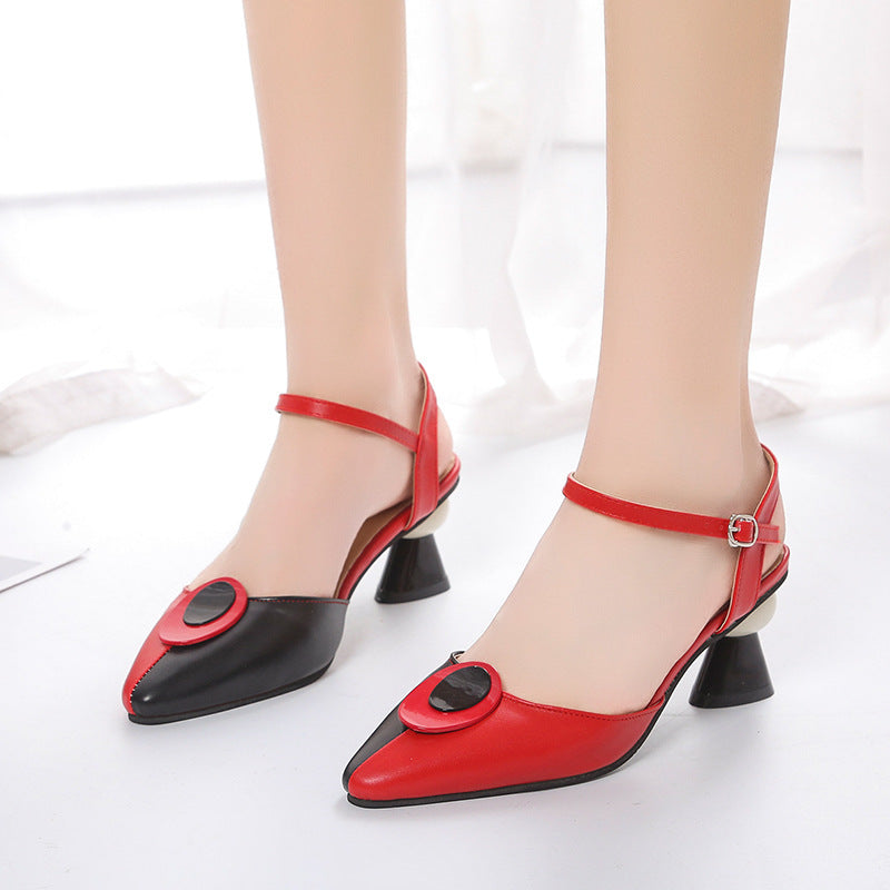 Women's Chunky Heel Openwork Sandals - Comfortable Closed Toe Korean Style Buckle Sandals