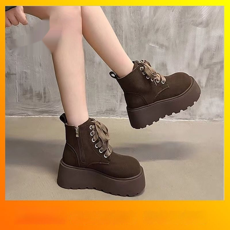Women's Chunky-Sole Vintage Lace-Up Mid-Calf Boots | PU Leather Round Toe Flat Boots