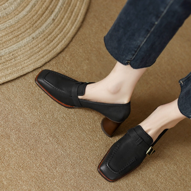Women's Retro Chunky Heel Leather Shoes | British Style Round Toe Mid Heel Wool Leather Flats