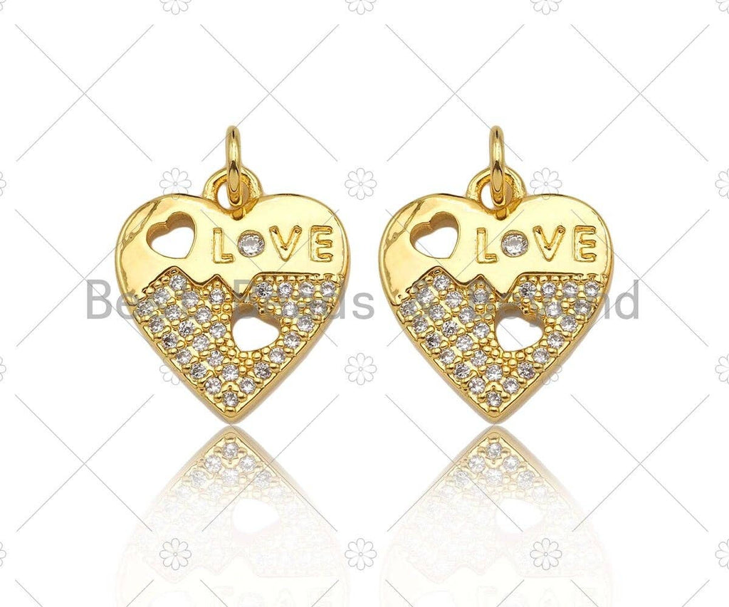 CZ Micro Pave Love Word with Hollow Out Heart On Heart Pendant,18K Gold Charm, Necklace Bracelet Charm Pendant,14x16mm,Sku#LK307