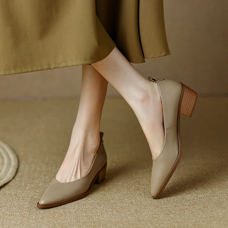 Women's Sheepskin Chunky Heel Slip-On Shoes | Pointed Toe Low Heels