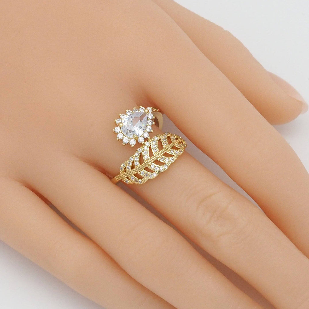 Gold Teardrop CZ Leaf Adjustable Ring, Sku#LD437
