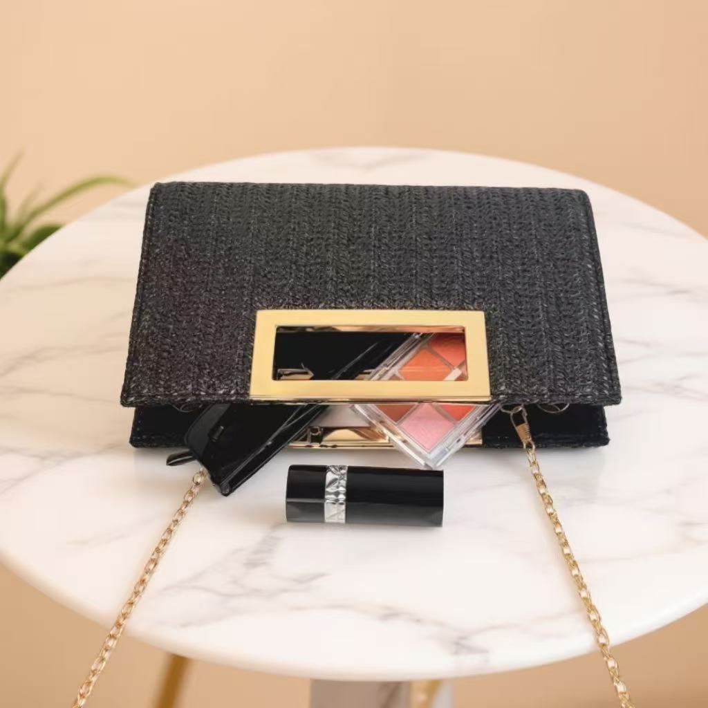 Women's Woven Chain Clutch Bag - Elegant Evening Handbag with Metal Accents