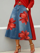 Load image into Gallery viewer, Women's Floral Print A-Line Midi Skirt – Denim-Style Boho Skirt