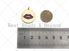 Load image into Gallery viewer, CZ Micro Pave Fuchsia Lip On Round Coin Shape Pendant Charm, Cubic Zirconia Lip Charm, Real Gold Plated Charm,20x22mm,Sku#L356