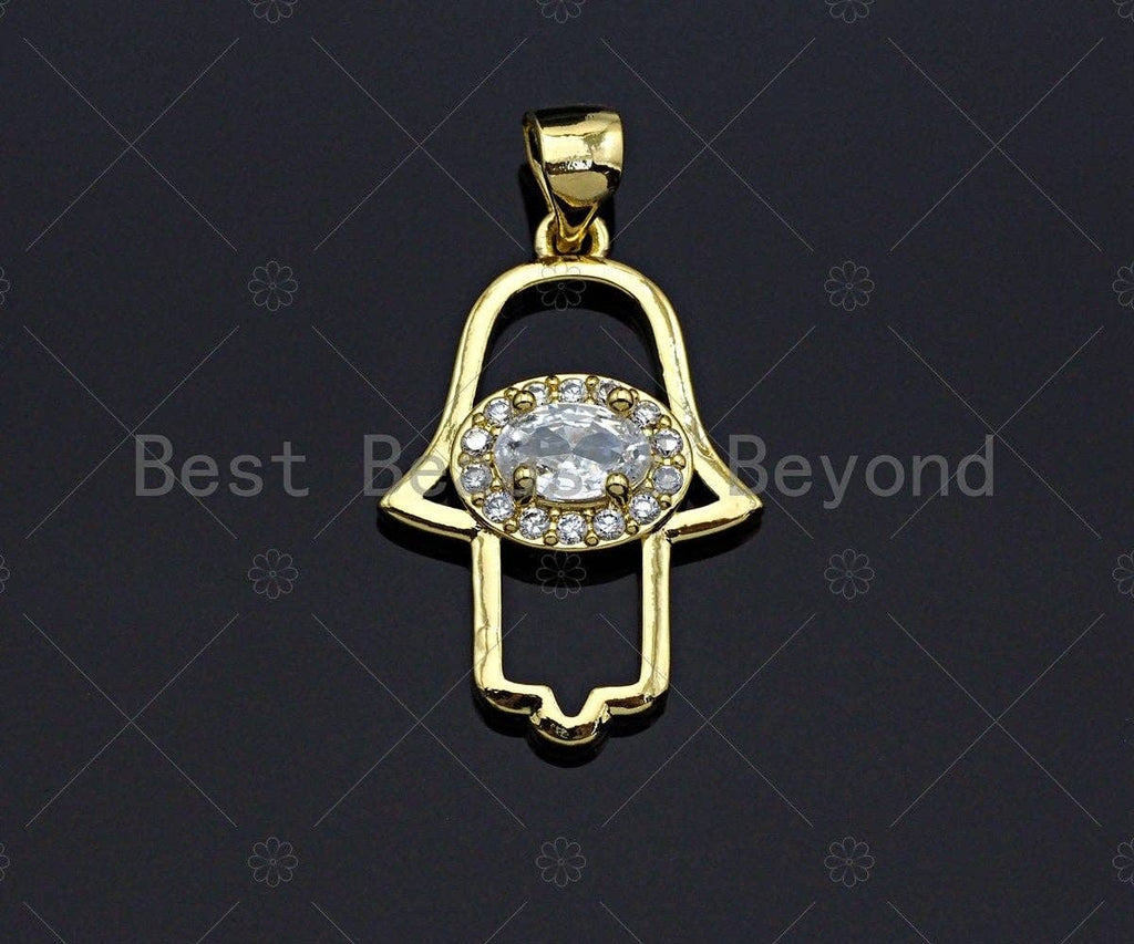 Big CZ On Hamsa Hand Charms, Hamsa Hand Charms, Evil Eye Pendant, Gold Tone Charm, Gold Pendant, Necklace Charms, 15x22mm, Sku#LK97