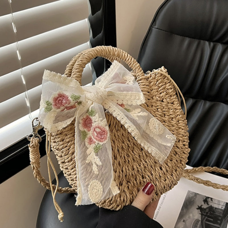 Women's Straw Crossbody Bag – Handcrafted Dumpling Shape with Embroidered Scarf Detail
