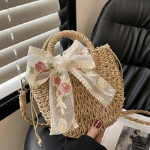 Load image into Gallery viewer, Women's Straw Crossbody Bag – Handcrafted Dumpling Shape with Embroidered Scarf Detail