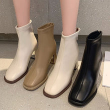 Load image into Gallery viewer, Women's Chunky Heel Ankle Boots – Back Zipper Round Toe Block Heel Booties in Khaki, Beige &amp; Black