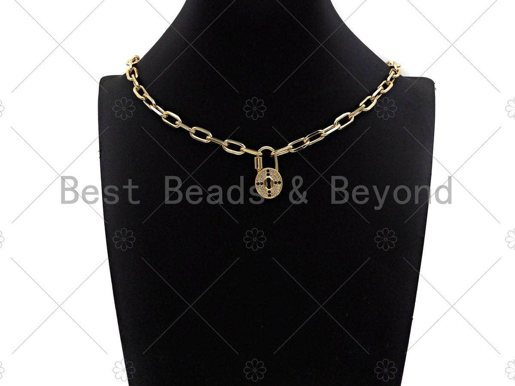 18K Gold Black Clear CZ Micro Pave Cross Oval Lock Clasp, Oval Lock Shape Clasp,Pave Lock,15x29mm,sku#K142