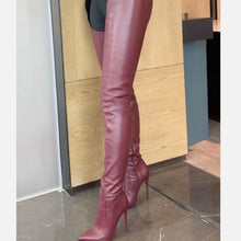 Load image into Gallery viewer, Women's Over-the-Knee Stretch Boots – Stiletto Heel, Side Zipper, Pointed Toe | Red-Brown &amp; Dark Brown