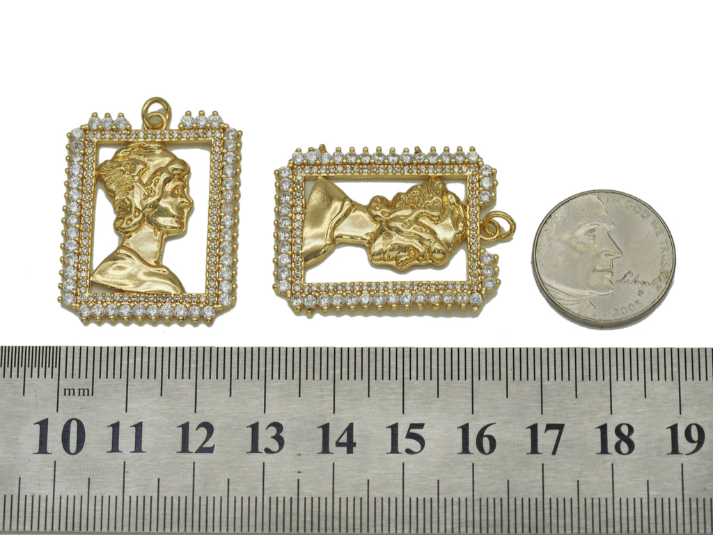 Gold Lady Head On CZ Rectangle Frame Charm, Sku#L673