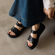Load image into Gallery viewer, Women's Washed Leather Platform Sandals | Two-Strap Buckle Open-Toe Flats
