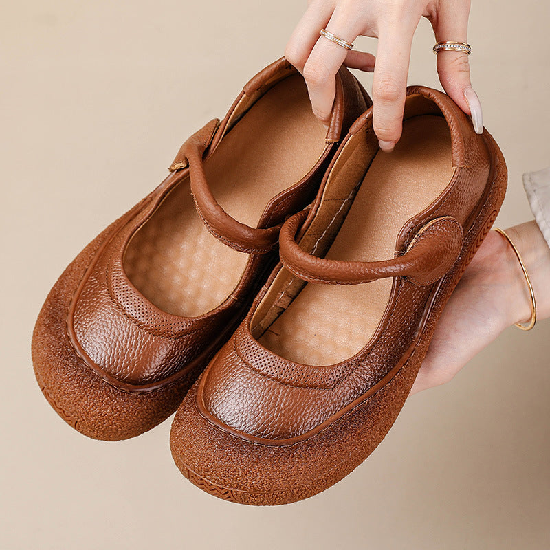 Women's Retro Flat Round-Toe Velcro Shoes – Genuine Leather | Black, Brown, Khaki