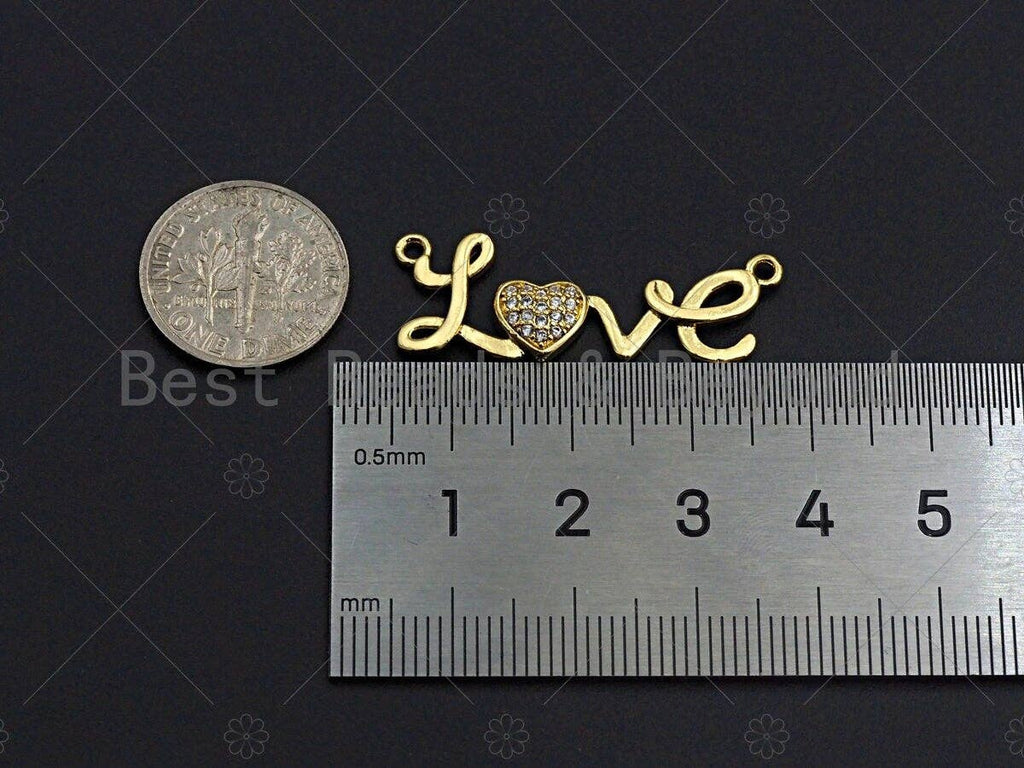 18K Gold LOVE With CZ Micro Pave Heart Connector, Love Necklace pendant, Love heart bracelet Connector, 12x33mm, sku#LK14