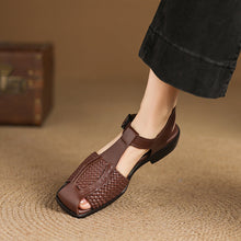 Load image into Gallery viewer, Women's Woven T-Strap Block Heel Sandals | Oiled Cowhide Square-Toe