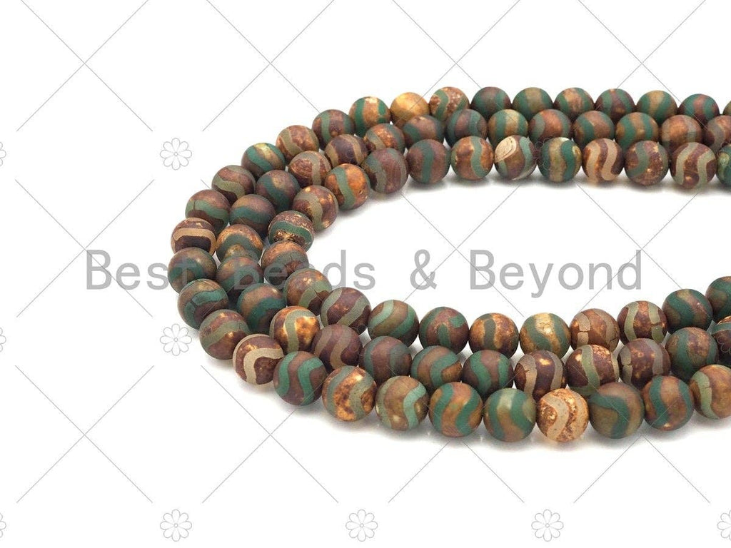 Natural Tibetan Green Brwon Agate with Double Wavy Line Beads, Dzi Beads, 6mm/8mm/10mm/12mm Round Smooth Agate,15.5" Full Strand, Sku#U1110