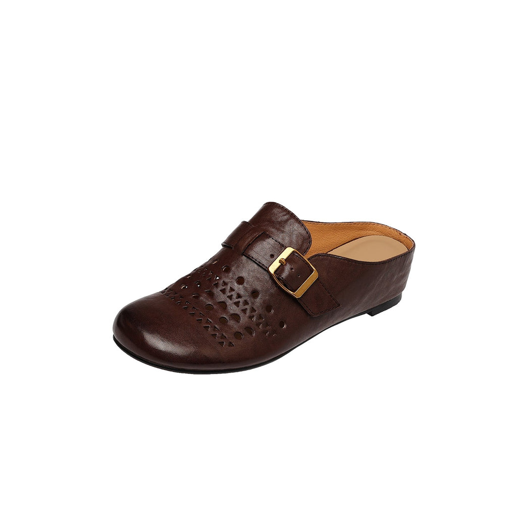 Women's Perforated Cowhide Buckle Mules | Round Toe Flat Backless Slides