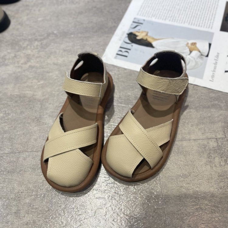 Women's Breathable Roman Sandals – Closed Heel, Velcro Strap, Round Toe