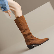 Load image into Gallery viewer, Women's Handmade Retro Chunky Heel Long Boots – Pointed Toe Cowhide Leather Fall Winter Boots