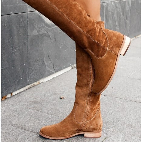 Women's Over-The-Knee Suede Boots | Low Heel Round Toe Side Zipper | Black Brown Khaki