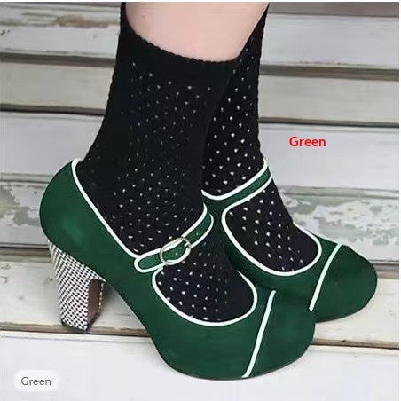 Women's Retro Round-Toe Chunky Heel Pumps with Ankle Strap Buckle | Suede Block Heel Dress Shoes