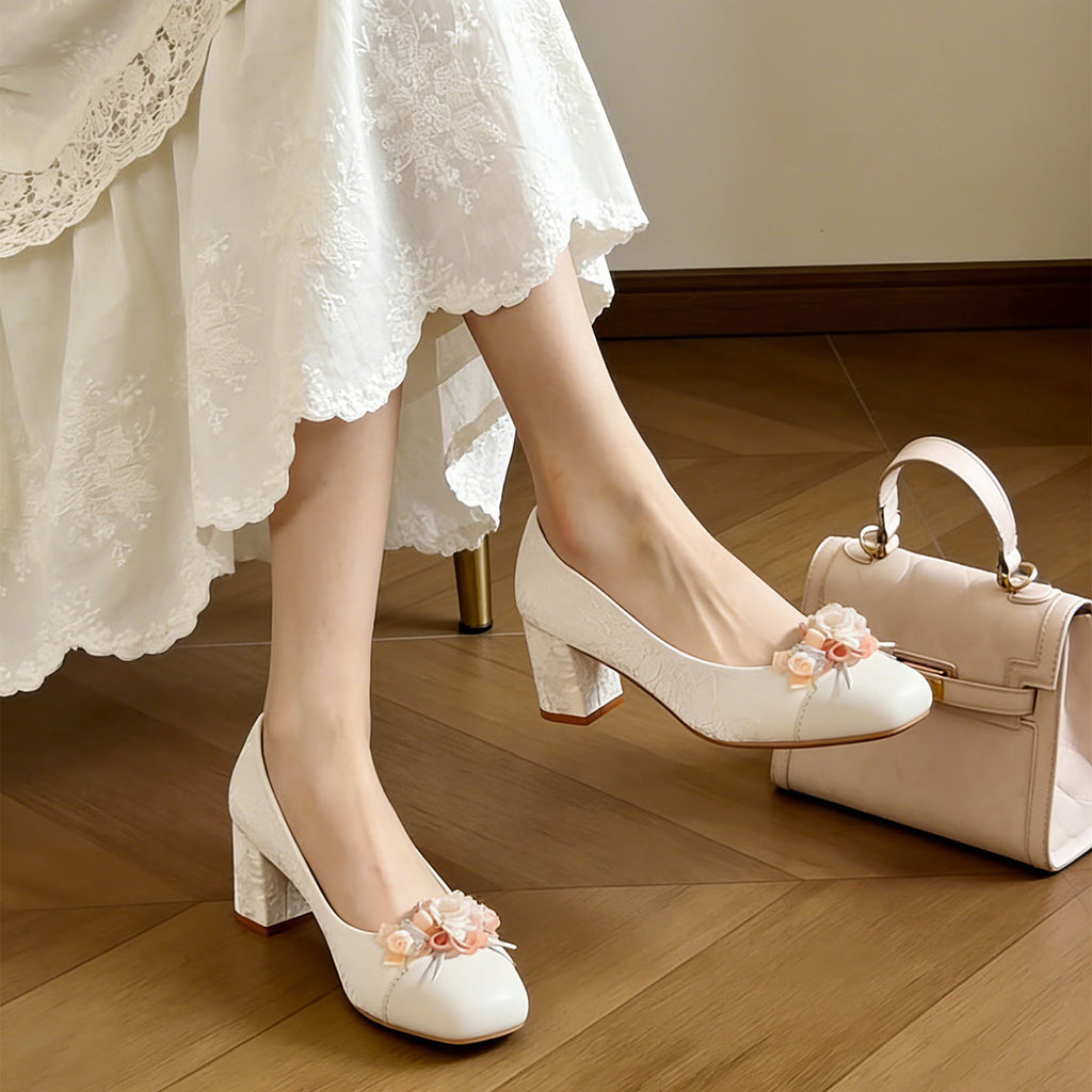 Women's Floral Block Heel Pumps | Square Toe Jacquard Dress Shoes