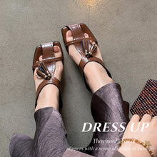 Load image into Gallery viewer, Women's Tassel Slide Sandals | Square Toe Block Heel Cowhide Mules