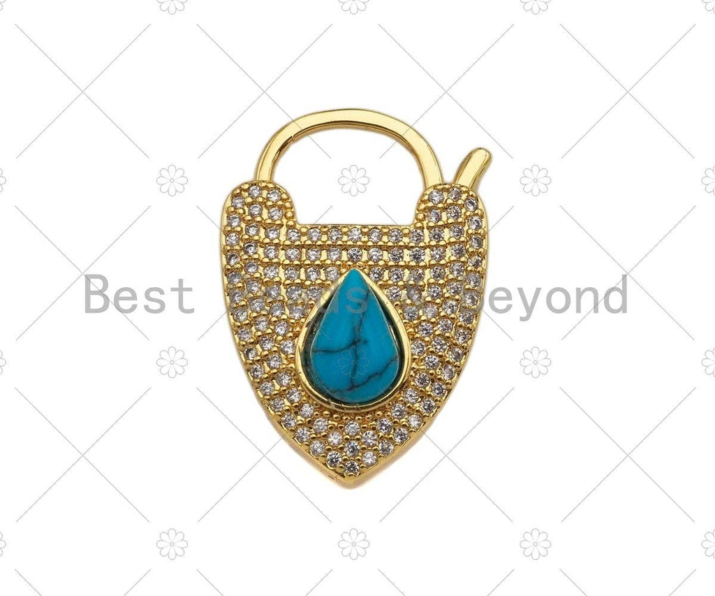 CZ Micro Pave Turquoise Padlock Clasp Charms, Heart CZ Padlock Clasp, Heart Chain Connector, Padlock Necklace Charms, 25x18mm, Sku#K160