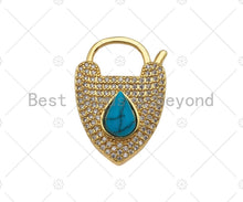 Load image into Gallery viewer, CZ Micro Pave Turquoise Padlock Clasp Charms, Heart CZ Padlock Clasp, Heart Chain Connector, Padlock Necklace Charms, 25x18mm, Sku#K160